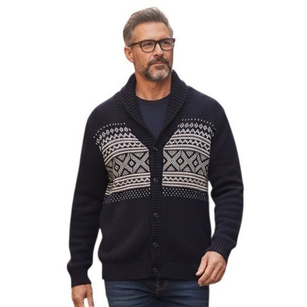 Chaps Fair Isle Mens size Large Shawl Grandpa Fisherman Cardigan Chunky Sweater
